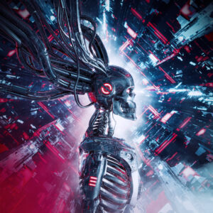 3D illustration of metallic science fiction skeleton humanoid cyborg inside futuristic computer core