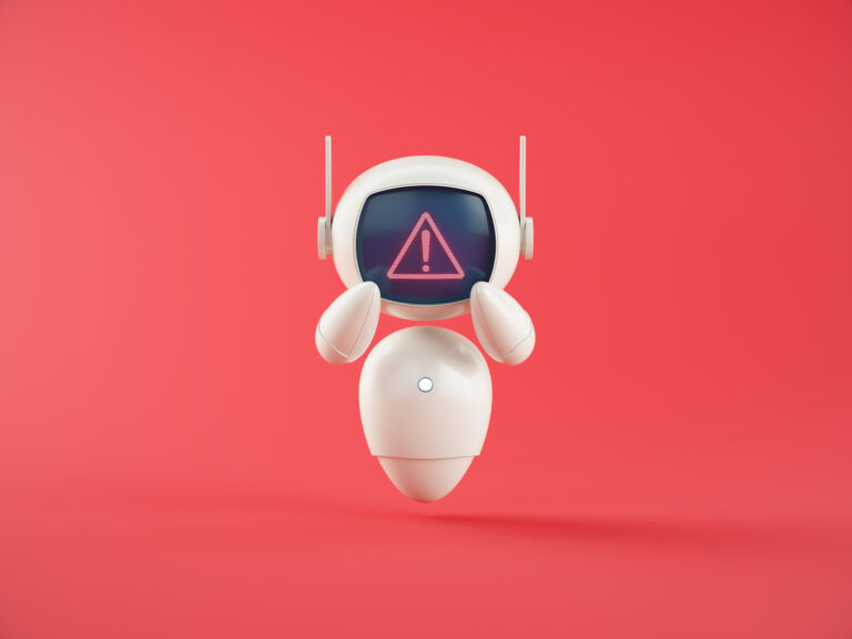 Danger warning sign on screen of Artificial intelligence chatbot assistant on red background. The AI ​​robot is malfunctioning. Danger with artificial intelligence. 3d illustration.