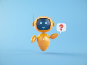 Speech bubble and question mark of Artificial Intelligence chatbot assistant on blue background. Support and questions concept.