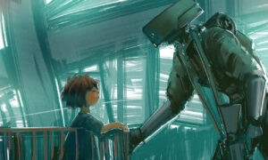 A heartwarming sci-fi illustration series depicting the bond between a young girl and a guardian robot in a post-apocalyptic world. Emotional storytelling through atmospheric scenes and cinematic composition.