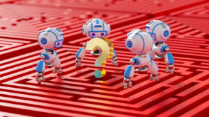 Question mark in the middle of a maze and ai robots surrounding it.