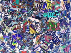 magazine confetti  in solarized color and scratches abstract image