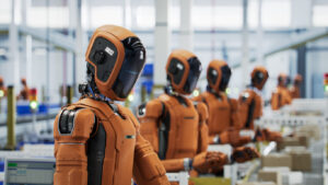 3D Render: Autonomous Humanoid Robots Stading in a Row on Conveor Line at Fullfilment Center. Portrait of Orange AI-Enabled Humanoid Industrial Robot with Black Visor in Industrial Environment