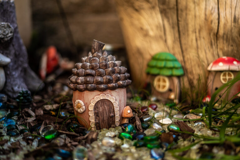 Cutest Little Fairy Hut In Gem Decorated Rock Garden Macro Photo