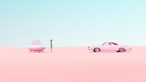 Pink Vintage Muscle Car UFO Flying Saucer Encounter Desert Sand Sunny Blue Sky Roswell New Mexico Incident Concept 3d illustration render