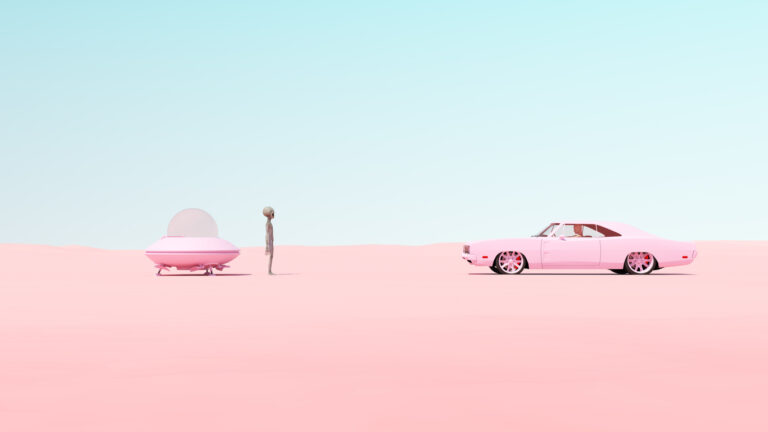 Pink Vintage Muscle Car UFO Flying Saucer Encounter Desert Sand Sunny Blue Sky Roswell New Mexico Incident Concept 3d illustration render