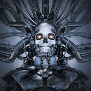 3D illustration of science fiction cyberpunk skull faced robot connected to computer core