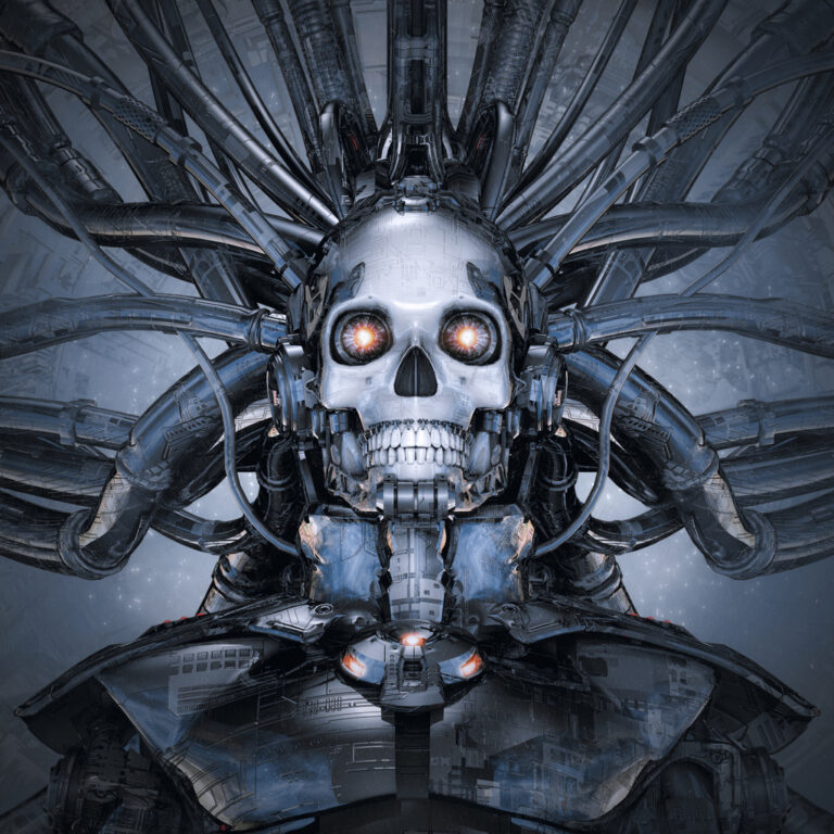 3D illustration of science fiction cyberpunk skull faced robot connected to computer core